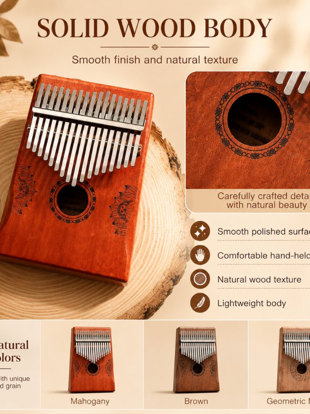 17 Key Mahogany Kalimba Lotus Design Wooden Thumb Piano Gift - Picture 5 of 10